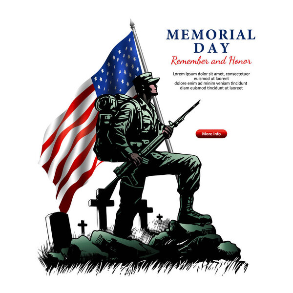Patriot Day, Memorial Day or Independence Day Concept, Soldier at Burial with tombstones and USA flag illustration