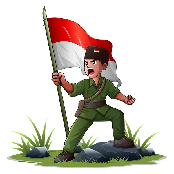Indonesische Held Draagt Groen Leger Uniformen Hartstochtelijk Roepen Onafhankelijkheid Vector Vectorbeelden