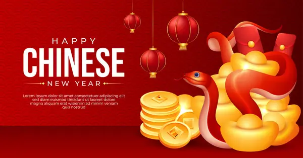 Chinesisches Neujahrsbanner 2025 Mit Roter Schlange Goldmünzen Und Barren Vektorgrafiken