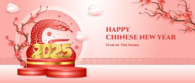 Çin yeni yılı 2025 afiş tasarımı, parlak kırmızı podyum, yılan işareti ve 3D altın 2025 harf