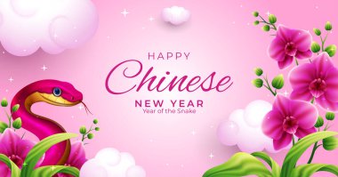 Cute Year of the snake banner design, red Snake and pink orchid flower vector illustration clipart