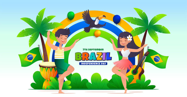 Знак Дня Независимости Бразилии, пара детей танцуют самбу с красочными бразильскими элементами украшения