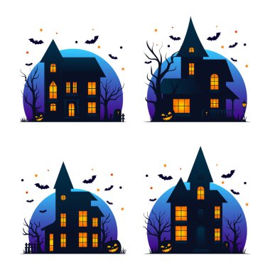 Gece perili ev, Cadılar Bayramı tabelası veya mezar taşlı rozet, uçan yarasalar, ağaçlar ve korkunç balkabakları.