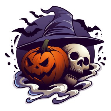 Cadılar Bayramı Clipart veya rozetin kutlu olsun. Cadı şapkası, balkabağı, uçan yarasa ve korkunç kafatası çizimi.
