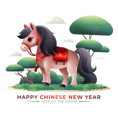 Güzel Asya panoramik manzara vektör illüstrasyonunda şirin at, at işareti yılı. Çevirisi: At