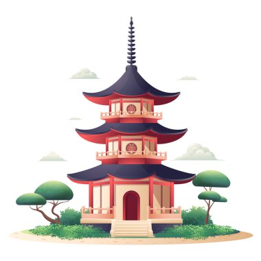 Düz tasarım vektör illüstrasyonlu Japon doğasında çizgi film tapınağı.