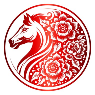 At zodyak burcu veya sembol yılı. At ve çiçek vektör illüstrasyonundan elde çizilmiş. Çevirisi: At