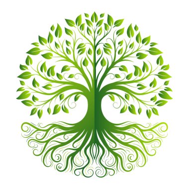 Çevresel Koruma sembolü, yapraklı ve kök vektör illüstrasyonlu simetrik ağaçlar