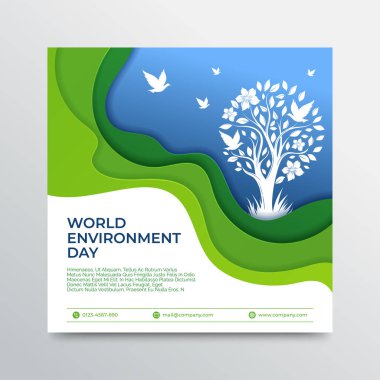 Kağıt kesiği ve ağaç siluet vektör tasarımlı Dünya Çevre Günü Afişi veya Posteri