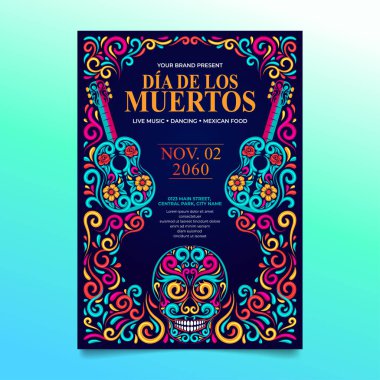 Dia de Muertos Flyer, Gitar ve Meksika çiçekli ölü şeker kafatası günü.