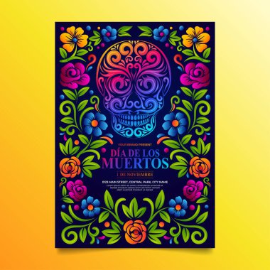 Dia de Muertos Broşürü, Meksika çiçek desenli ölü şeker kafatası günü