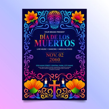 Dia de Muertos Broşür Tasarımı canlı renkli Meksika Süslemesi Tasarımı