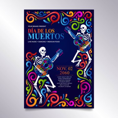 Dia de Muertos Broşürü. Canlı bir Meksika Süslemesi tasarımı ile dans eden iskelet.