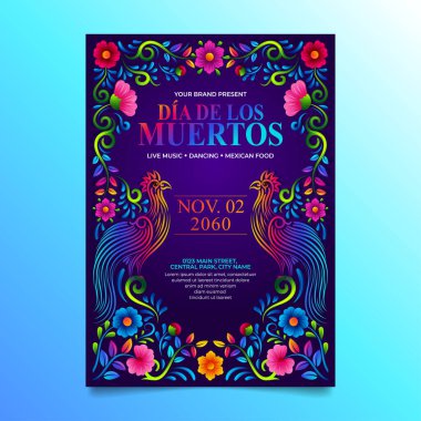 Dia de Muertos Flyer. Folk Art Birds vektör illüstrasyonlu Meksika çiçek nakışı