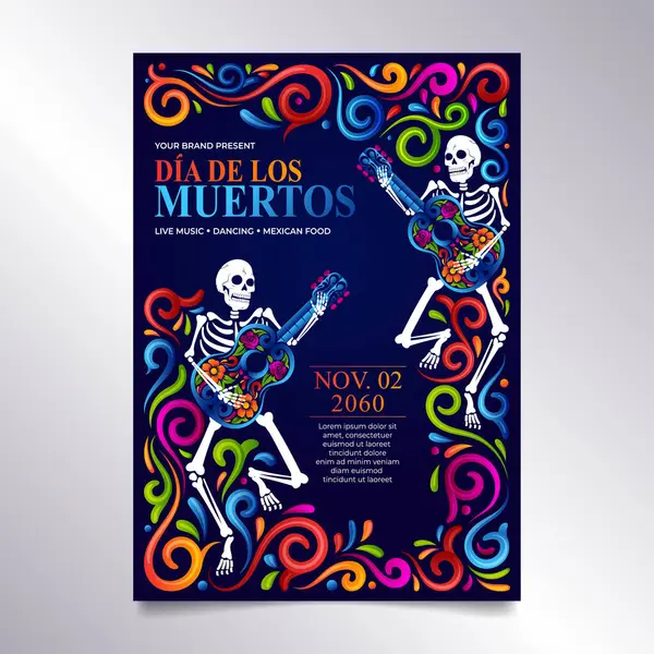 Dia de Muertos Broşürü. Canlı bir Meksika Süslemesi tasarımı ile dans eden iskelet.