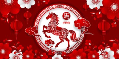 Çin Yeni Yılı 2026 vektör pankartı, kırmızı beyaz kağıt kesim stili olan at yılı. Çevirisi: At