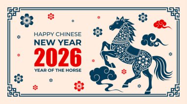 Atın Çin Yeni Yılı 2026 yatay afişi ve basit ve temiz bir tasarımı var. Çevirisi: At