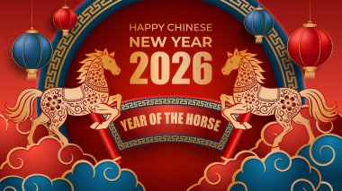 Çin Yeni Yılı 2026, kağıt kesiği tasarımlı at afişi yılı. Çevirisi: At