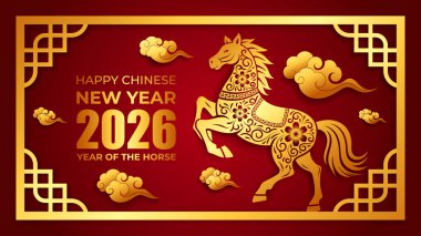 Çin Yeni Yılı 2026 Frame, üzerinde altın at işareti ve çerçeve var. Çevirisi: At