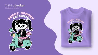 Kawaii Chibi iskelet kızı retro scooter kullanıyor. T-shirt tasarımı, çıkartma, poster, kapüşonlu baskı için..