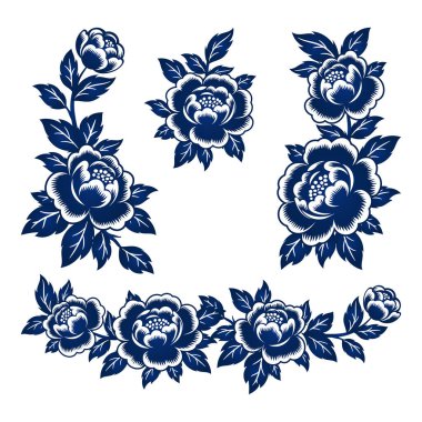 Çin Stili Dekoratif Elementlerle Mavi Şakayık Çiçek Vektörü