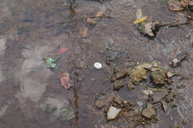Horana, Sri Lanka - 25 Aralık 2023 - Altında politen torbalar, cam şişeler ve organik atık gibi atıklar toplanan daha az suyla kurumuş bir kanal tabanı görüntüsü