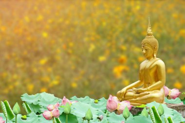 Makha Asanaha Visakha Bucha Day Golden Buddha image. Background of Bodhi leaves with shining light. Soft image and smooth focus style clipart