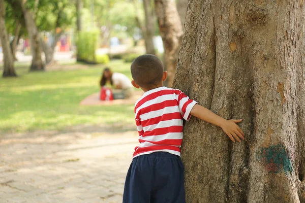 Ein Junge Versteckt Sich Hinter Einem Baum Damit Seine Mutter — Stockfoto