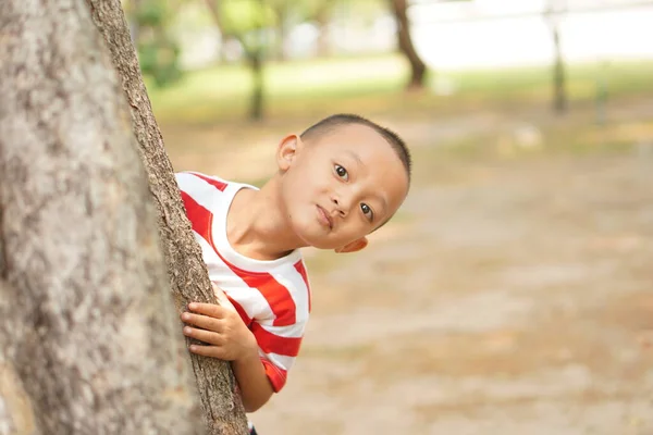Chłopiec Chowa Się Drzewem Żeby Jego Matka Nie Widziała — Zdjęcie stockowe