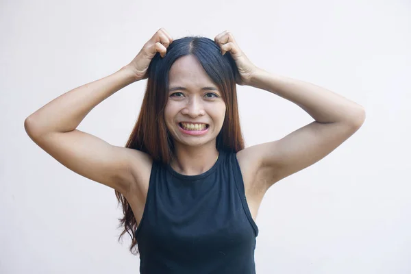 stock image Woman having itchy skin on the head