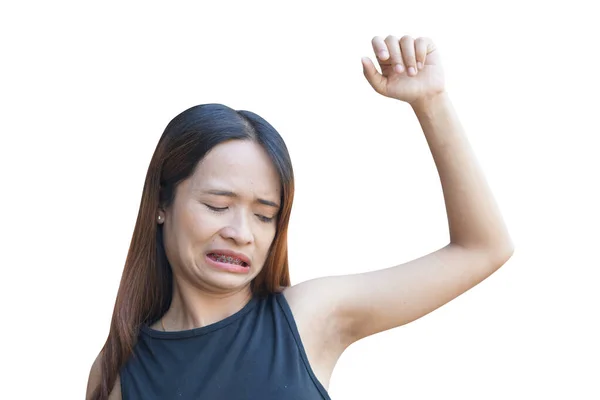 Delve Realm Personal Hygiene Woman Gazes Her Armpit Battling Sweat — Stock Photo, Image