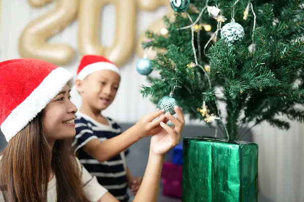 Merry Christmas 2024 Concept Mother Child Decorate Christmas Tree Colorful Stock Picture