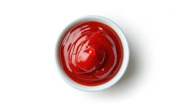 Kase ketçap ya da domates sos izole üzerinde beyaz arka plan, üstten görünüm