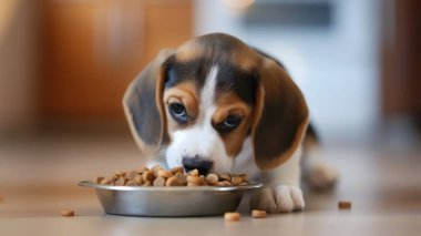 Tatlı Beagle köpek yavrusu evde yiyor. Sevimli hayvan.