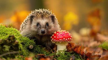 Kirpi, yerli, Avrupalı kirpi, kırmızı Fly Agaric mantar ve yeşil yosun. Öne bakıyor. Sonbahar ya da sonbahar. Kapatın. Yatay olarak. Kopyalamak için boşluk