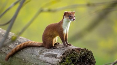 Stoat in Springtime, Scientific name: Mustela erminea, stood on a log and facing right clipart