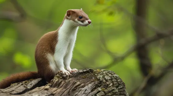 stock image Stoat in Springtime, Scientific name: Mustela erminea, stood on a log and facing right