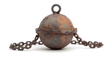 Old, heavy prisoner ball and chain over white background clipart