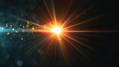 Easy to add lens flare effects for overlay designs or screen blending mode to make high-quality images. Abstract sun burst, digital flare, iridescent glare over black background. clipart