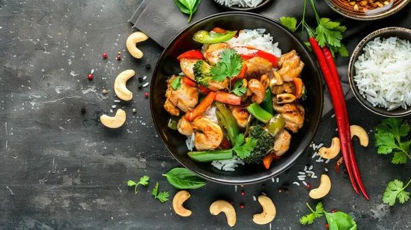 stock image Stir fry chicken cashew nuts with jasmine rice backround