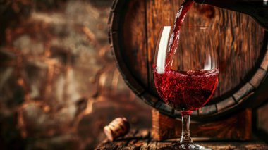 Pouring red wine into the glass against rustic background. Pour alcohol, winery concept.