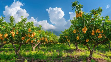 olgun meyvelerle dolu mango ağaçlarının panoramik görüntüsü mavi gökyüzünün arka planına karşı, tropikal manzaraların ilahi güzelliğini çağrıştırıyor..