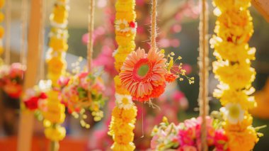 Close-up of beautifully decorated swings adorned with flowers for Teej festival clipart