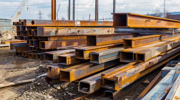 stock image Piles of steel beams and columns at a construction site, ready for assembly in building structures.