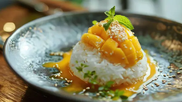 Stock image Mouthwatering mango sticky rice served with coconut cream and sesame seeds