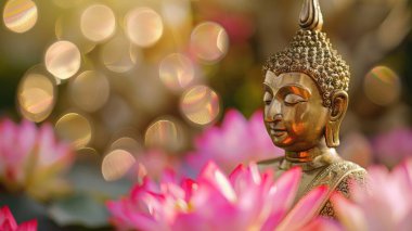 Golden Buddha statue in focus with a soft bokeh backdrop and vibrant lotus flowers underneath, for Asalha Bucha Day clipart