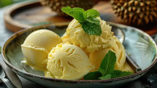 stock image A plate of durian ice cream topped with fresh mint leaves, offering a decadent treat on a hot day.