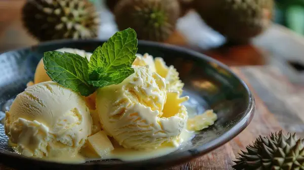 stock image A plate of durian ice cream topped with fresh mint leaves, offering a decadent treat on a hot day.