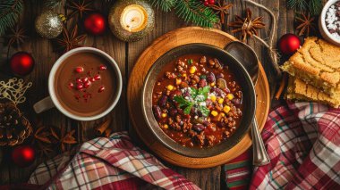 Flat lay of a cozy winter meal with a bowl of chili, cornbread, and hot chocolate