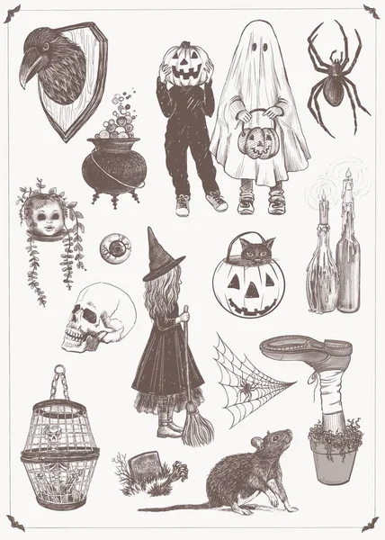 Illustrazione Con Molte Immagini Spaventose Sul Tema Halloween — Foto Stock
